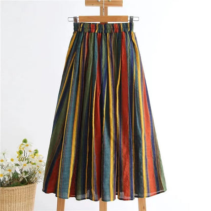 Colorblocked Striped Vacation Cotton A-Line Skirt