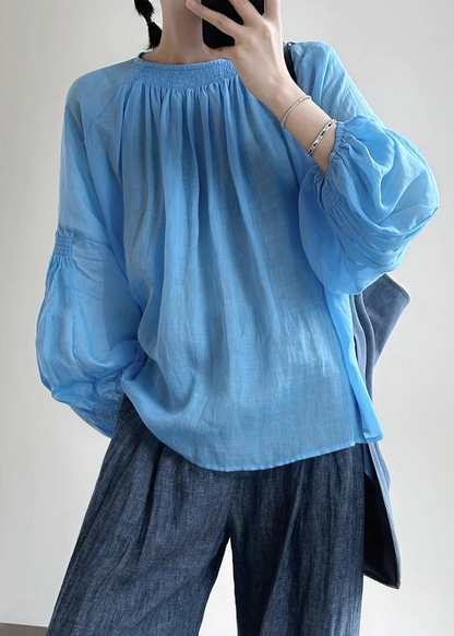 Ladies Bohemian Blue Round Collar Cotton Shirt Lantern Sleeve Spring Summer