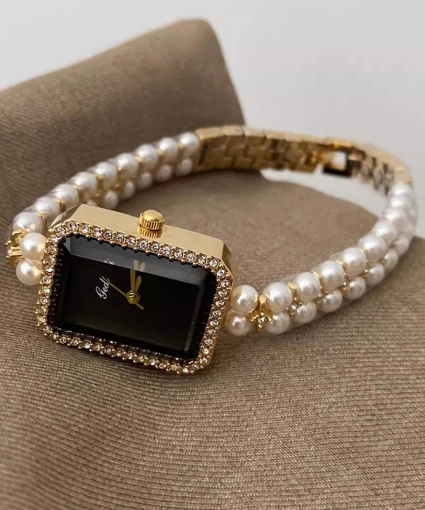 Women's Black Metal Square Chain Pearl Watch