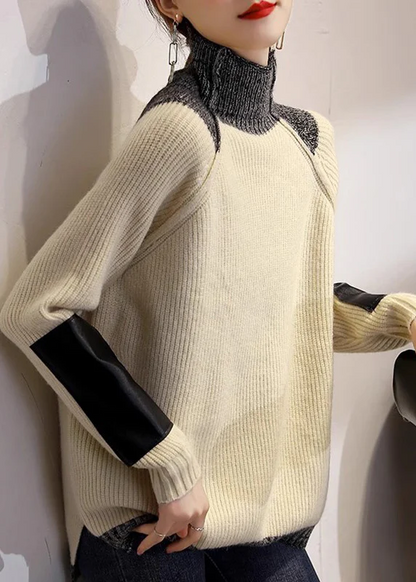 Italian Coffee Turtleneck Patchwork Knit Sweater Top