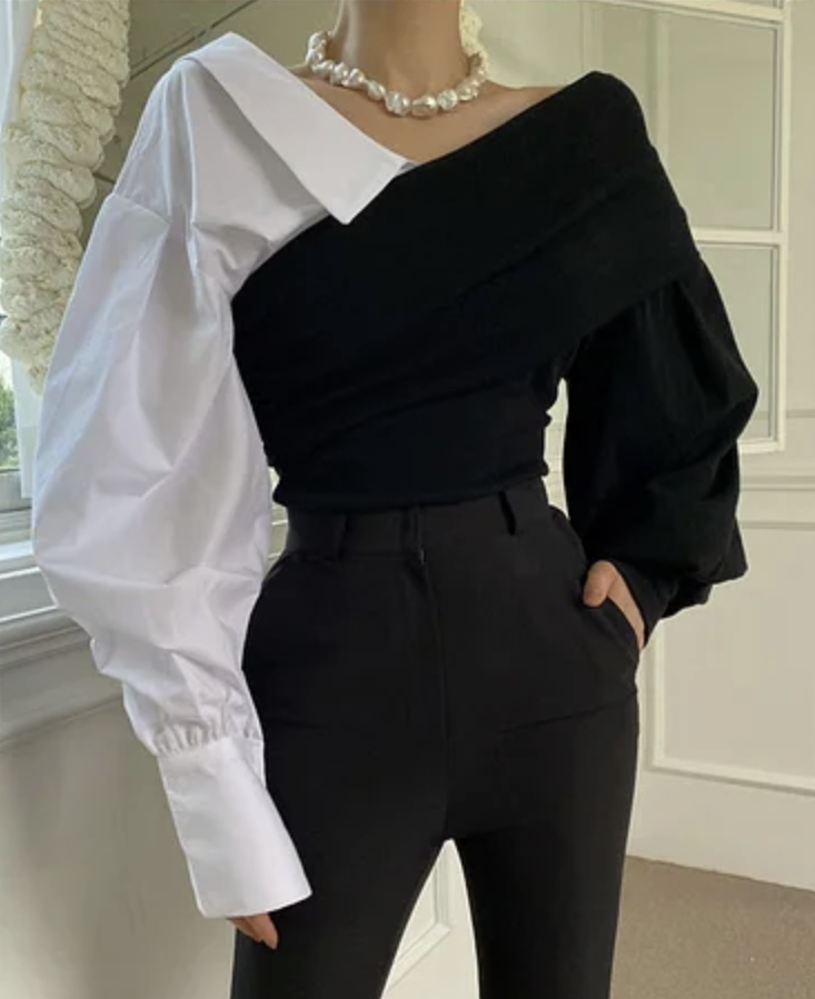 Women's Holiday Party Brown Asymmetric Patchwork Cotton Knit Top