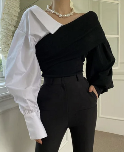Women's Holiday Party Brown Asymmetric Patchwork Cotton Knit Top