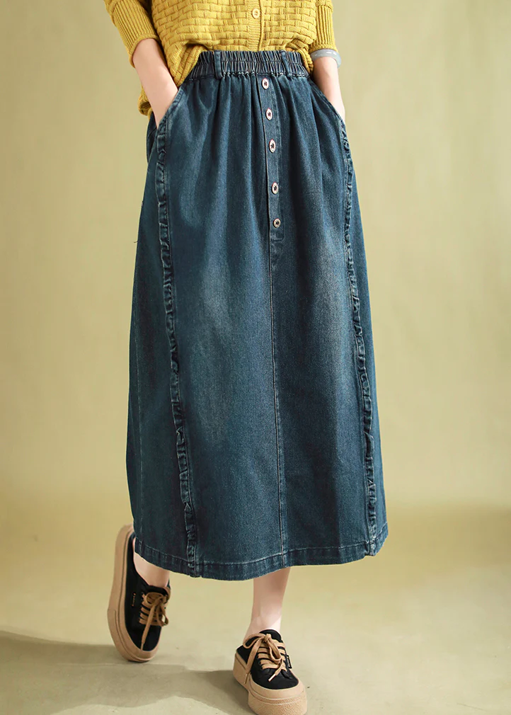 Ruffled Button Down Denim A-Line Skirt Blue