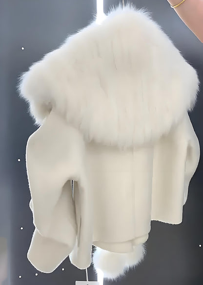 Women's Gray Hair Collar Pom Pom Trimmed Wool Coat