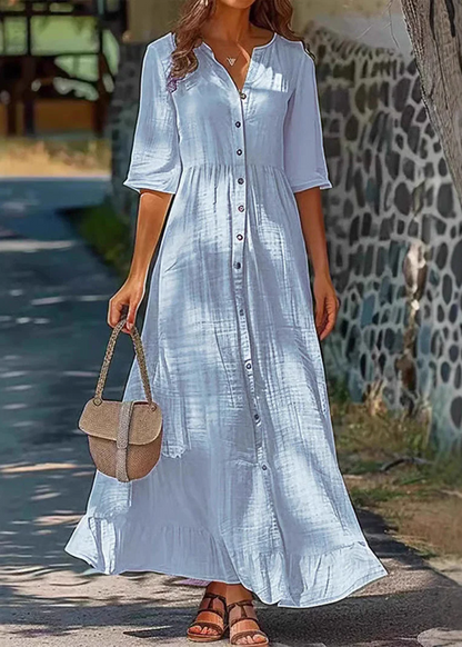 Women's Travel Green Button Cotton Half Sleeve Shirt Dress