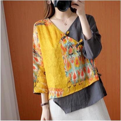 Vintage V-Neck Color-Collision Asymmetric Cotton Blouse Top