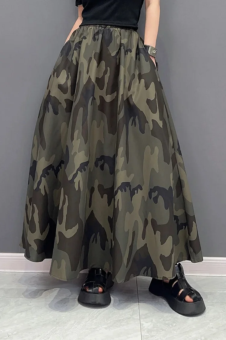 Italian Women's Elastic Waist Camouflage A-Line Skirt