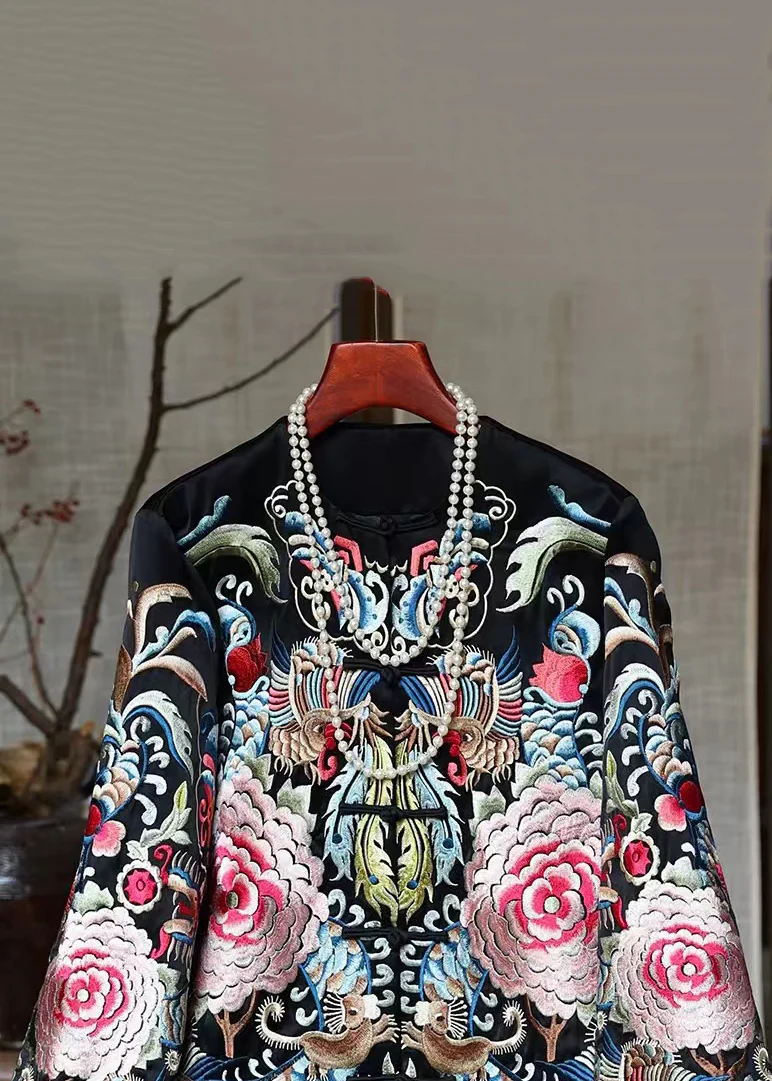 Women's New Chinese Black Embroidery Chinese Button Silk Coat Spring