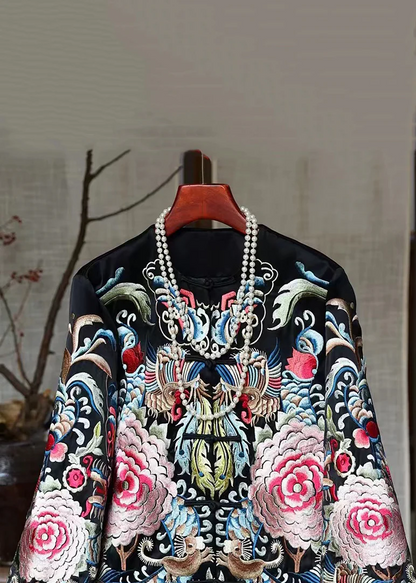 Women's New Chinese Black Embroidery Chinese Button Silk Coat Spring