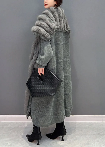 Plus Size Women's Big Patchwork Mink Wool Knit Loose Cardigan