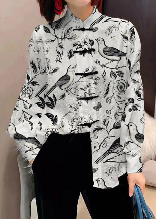 Chinese Style Standing Collar Button Silk Top Long Sleeve Lantern Sleeve
