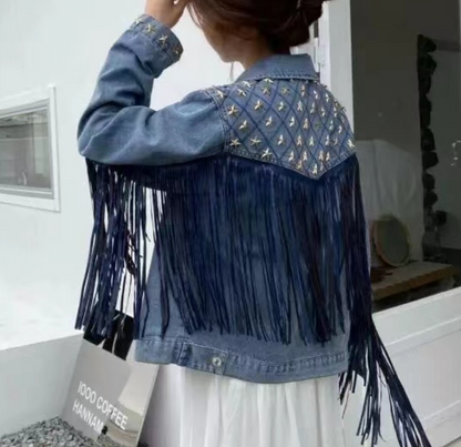 Stylish Pentagram Willow Tassel Trimmed Denim Jacket