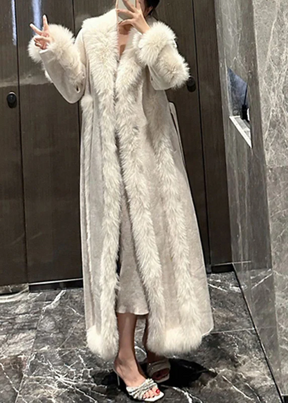 Women's White Fox Collar Patchwork Mouth Long Coat Winter
