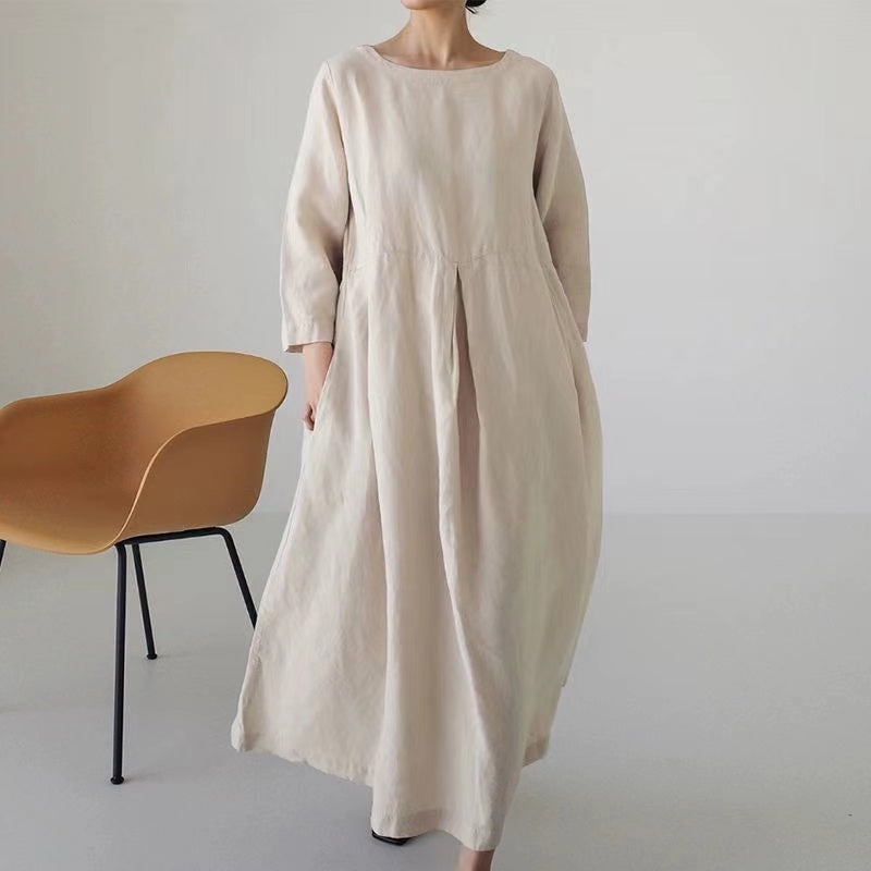 Casual O-neck loose cotton long sleeve dress
