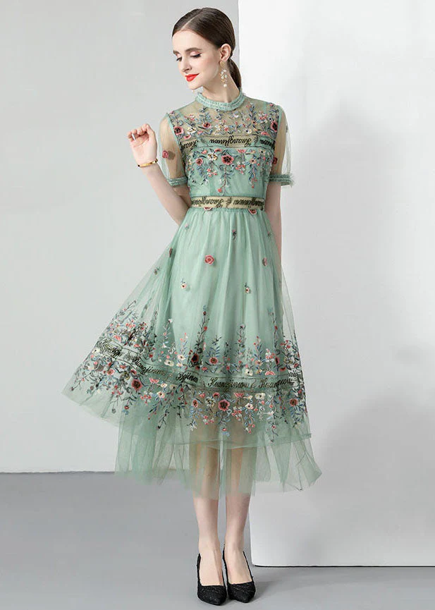 Italian Women's Light Green Ruffle Embroidered Ruched Tulle Dress