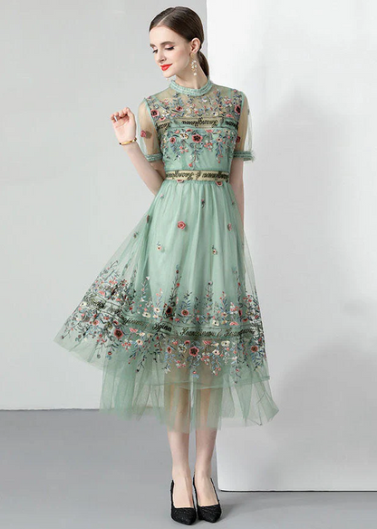 Italian Women's Light Green Ruffle Embroidered Ruched Tulle Dress