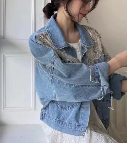 Casual Thin Mesh Spliced Denim Jacket Top