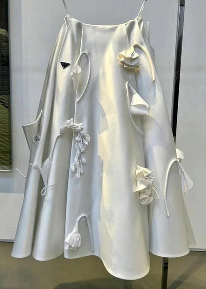 Women's Party Holiday Beach White Crinkle Flower Embellished Silk Halter Dress