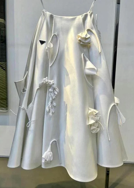 Women's Party Holiday Beach White Crinkle Flower Embellished Silk Halter Dress
