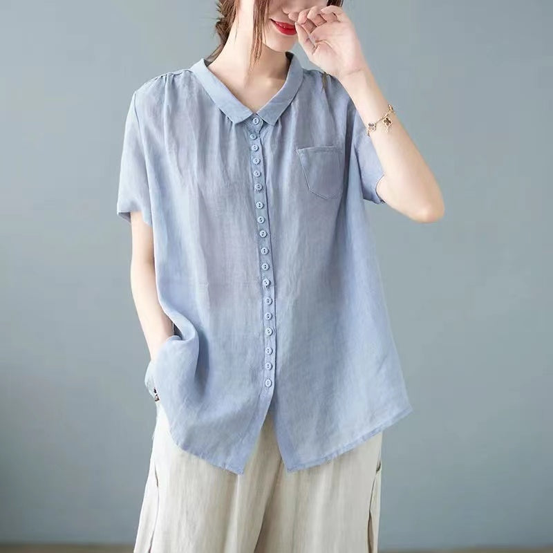 Vintage Collar Buttoned Linen Shirt Long Sleeve Top