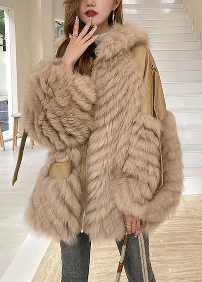 Hooded Pocket Patchwork Leather and Fur Coat