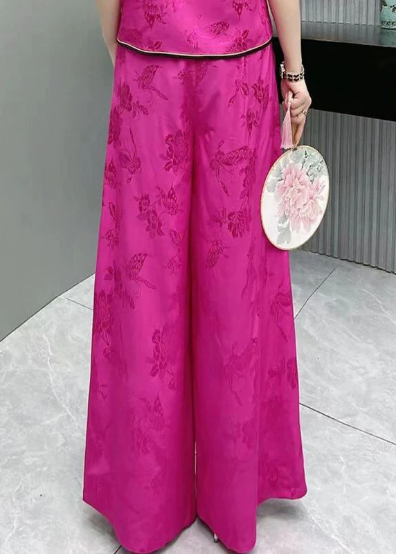Elegant Embroidery High Waist Pocket Patchwork Silk Wide Leg Pants