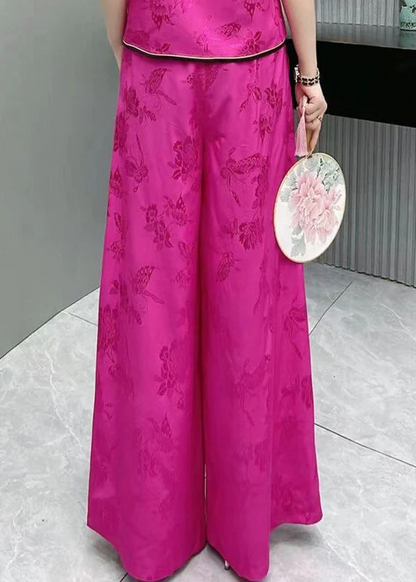 Elegant Embroidery High Waist Pocket Patchwork Silk Wide Leg Pants