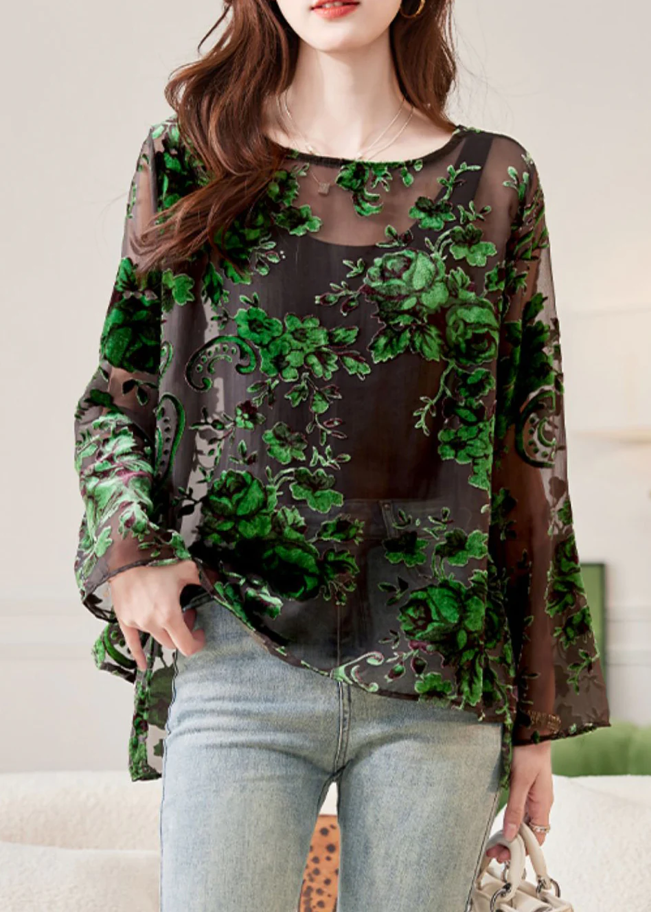 Women's Sexy Green Round Neck Floral Shirt