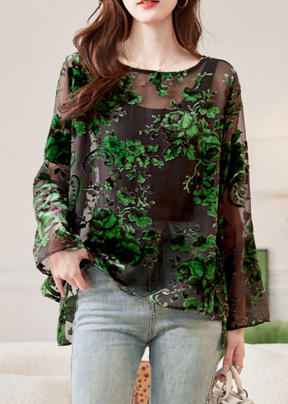 Women's Sexy Green Round Neck Floral Shirt