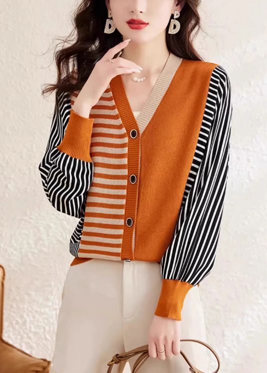 Women's Orange V-Neck Striped Button Down Cardigan Jacket