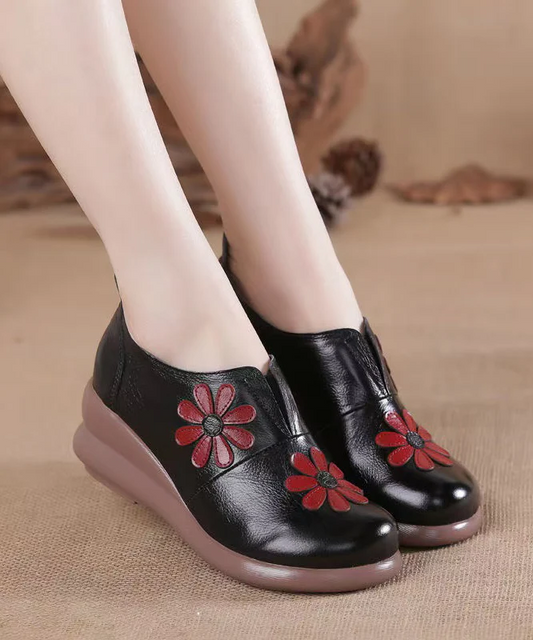 Women's Brown Cowhide Slope Heeled Shoes Patchwork Floral