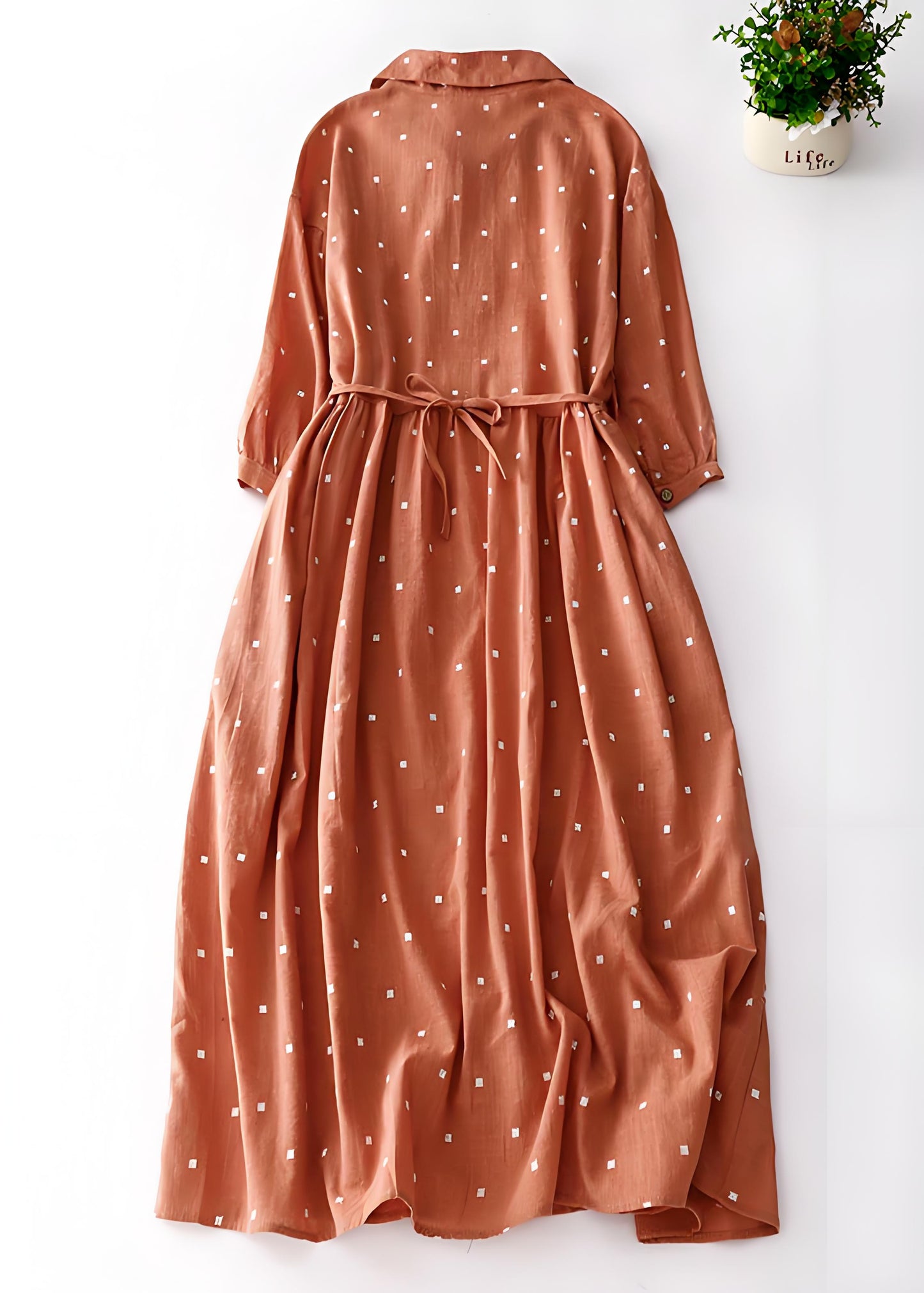 Orange Peter Pan Collar Printed Patchwork Cotton DressPolka dot