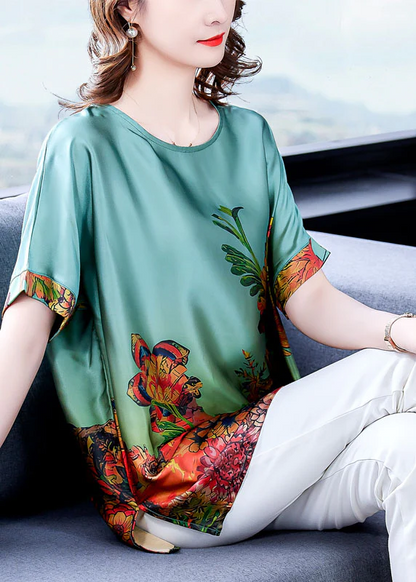 Elegant O Neck Printed Silk Short Sleeve Top