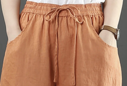 Loose Elastic Waist Pocket Linen Wide Leg Pants