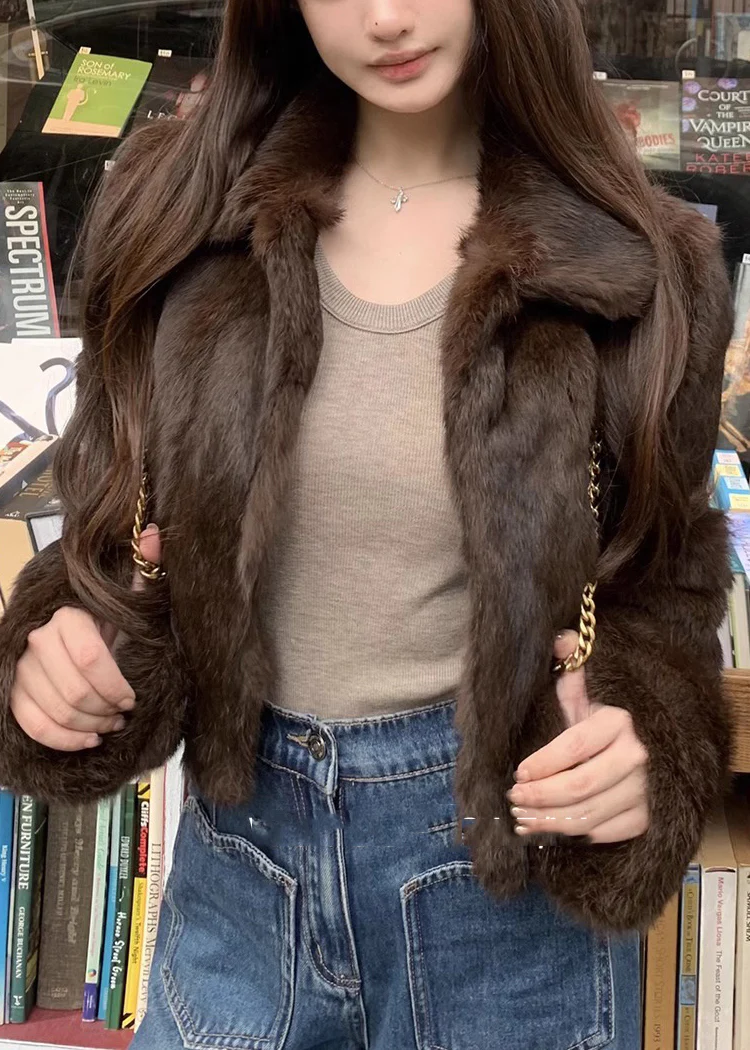 Women's Coffee Peter Pan Collar Fur Jacket Spring
