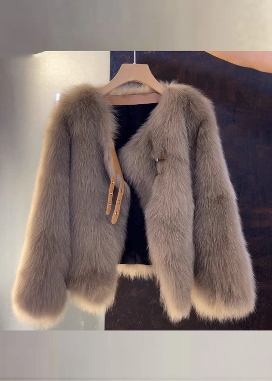 Italian Brown V-Neck Leather and Fur Coat