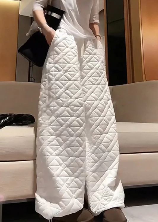 Women's Italian White Asymmetric Plaid Elastic Waist Pants