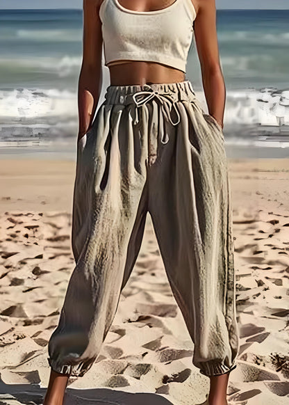 Women's Gray Pocket Elastic Waist Drawstring Pants Spring