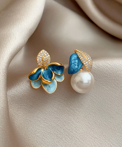 Fine Blue Copper Zirconia Asymmetrical Pearl Enamel Drip Glaze Stud Earrings