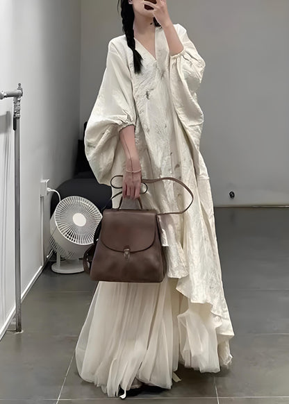 Women's Italian Beige Asymmetric Tulle Patchwork Lantern Sleeve Long Dress Spring