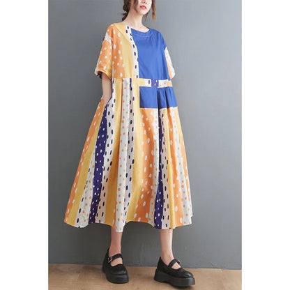 Loose Round Neck Spliced Color Block Polka Dot Short Sleeve Dress