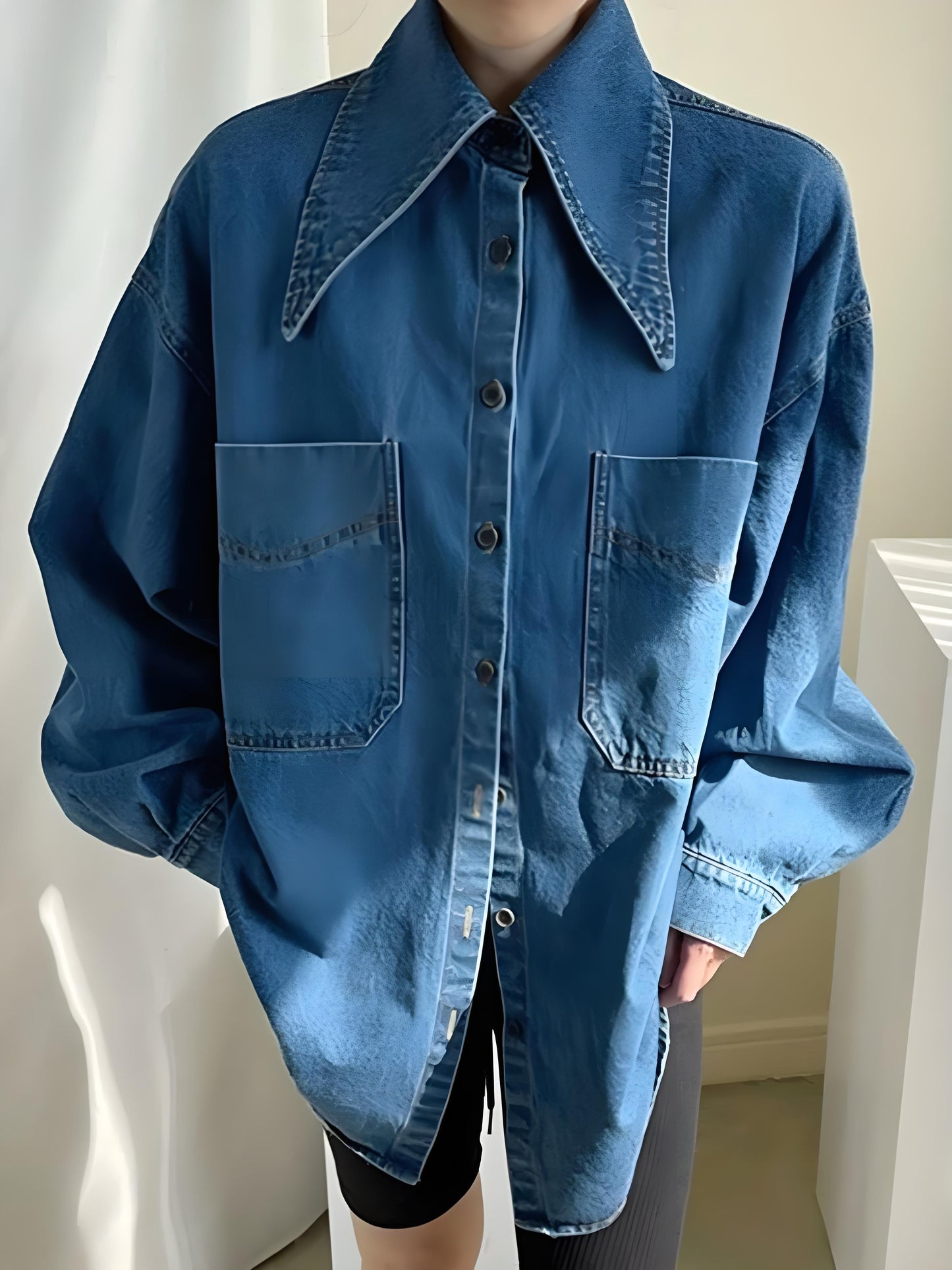 Women's Loose Peter Pan Collar Pocket Long Sleeve Denim Shirt Spring