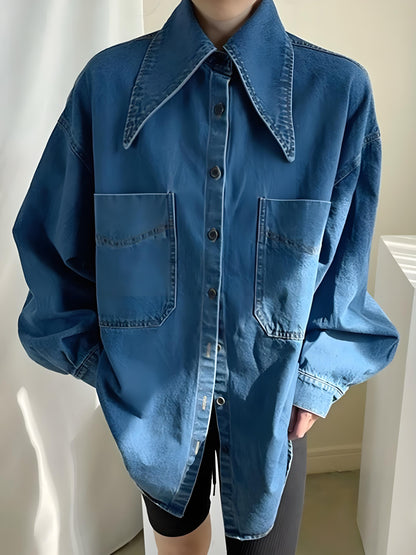 Women's Loose Peter Pan Collar Pocket Long Sleeve Denim Shirt Spring