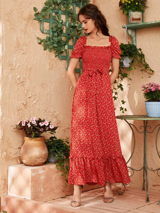 Short Sleeve Same Waistband Square Neck Floral Pleated Doll Dresses