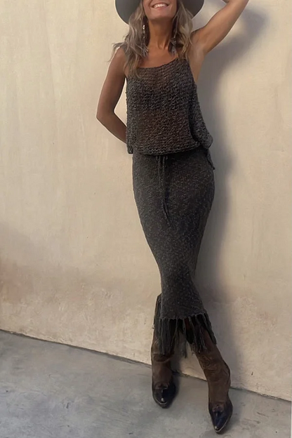 Boho Holiday Crochet Fringe Tank Dress Set Summer