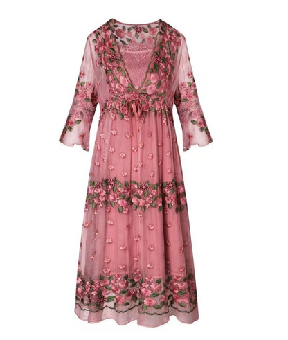Embroidered Lace-Up Flared Sleeve Dress