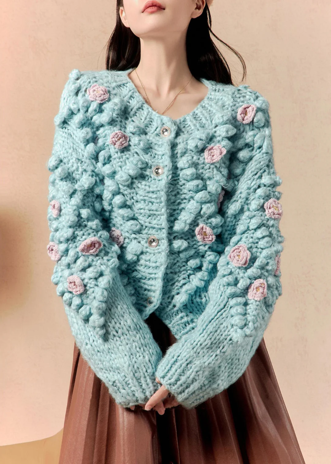 Women's Fashion Floral Blue O-Neck Button Down Cardigan