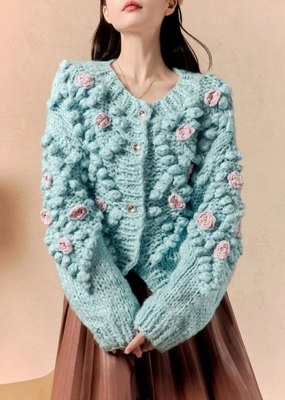 Women's Fashion Floral Blue O-Neck Button Down Cardigan