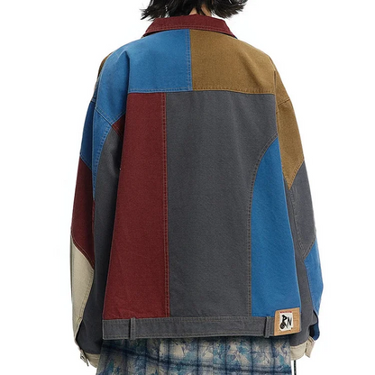 Organic cotton denim lapel blue colorblocked long sleeve zipper up denim jacket
