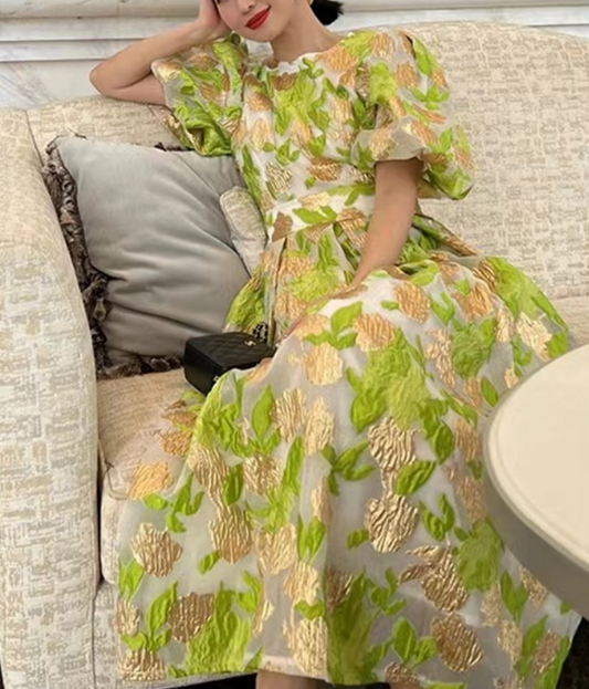 Elegant Green O Neck Embroidered Slim Tulle Short Sleeve Long Dress